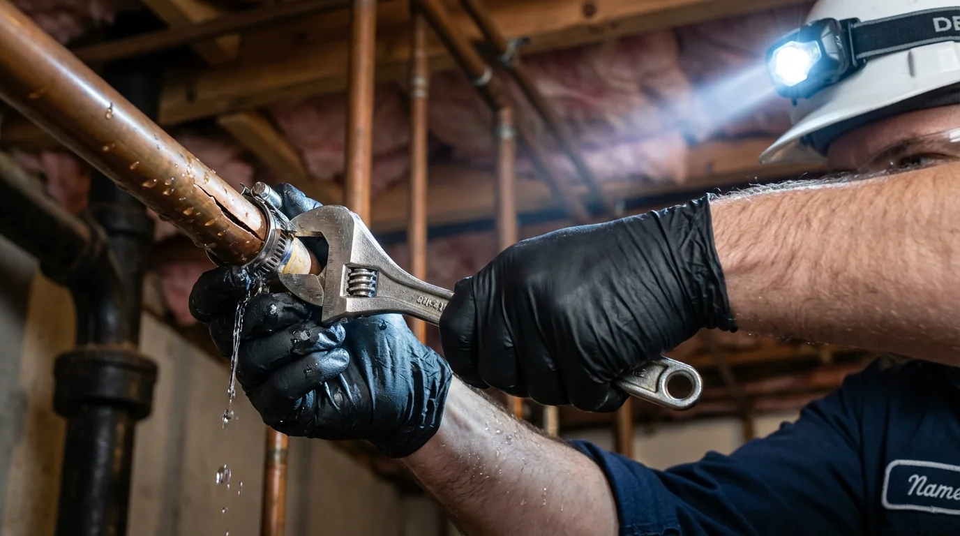 Emergency pipe clamp repair being performed by a Johns Plumbing LLC plumber in Williamstown