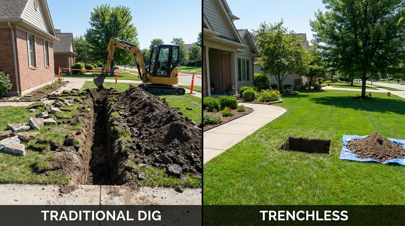 Trenchless sewer repair with minimal yard damage versus traditional excavation in Williamstown, KY