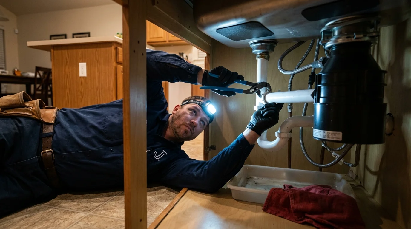 P-trap and supply line connections under a kitchen sink showing a common leak point in Williamstown, KY